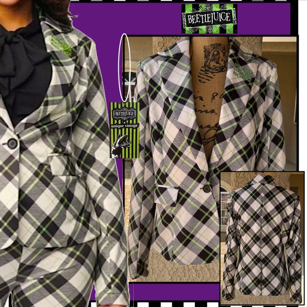 Beetle Juice Unique Vintage Cosplay Green Black Plaid Jacket Blazer Sz L